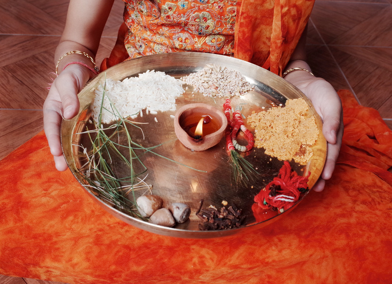 Hindu Prayers with pooja ki thali